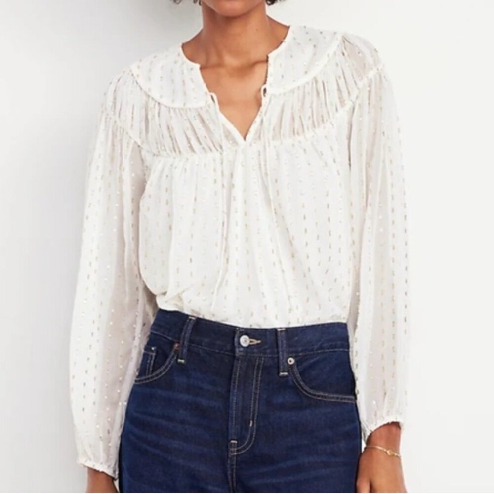 NWT OLD NAVY Med Bohemian Chic Cottagecore Gold Metallic Sparkle Chiffon Blouse